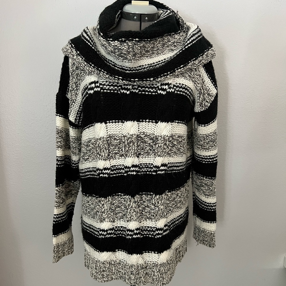 Kensie Black and White Striped Cowl Neck Sweater